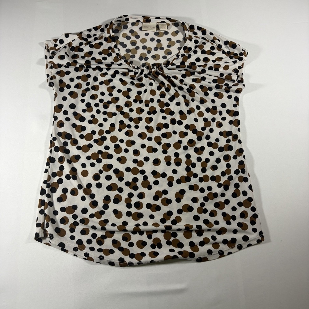 Chico's Sz 1-M, Career Sleeveless Blouse Polka Dots Office Black/Brown/White